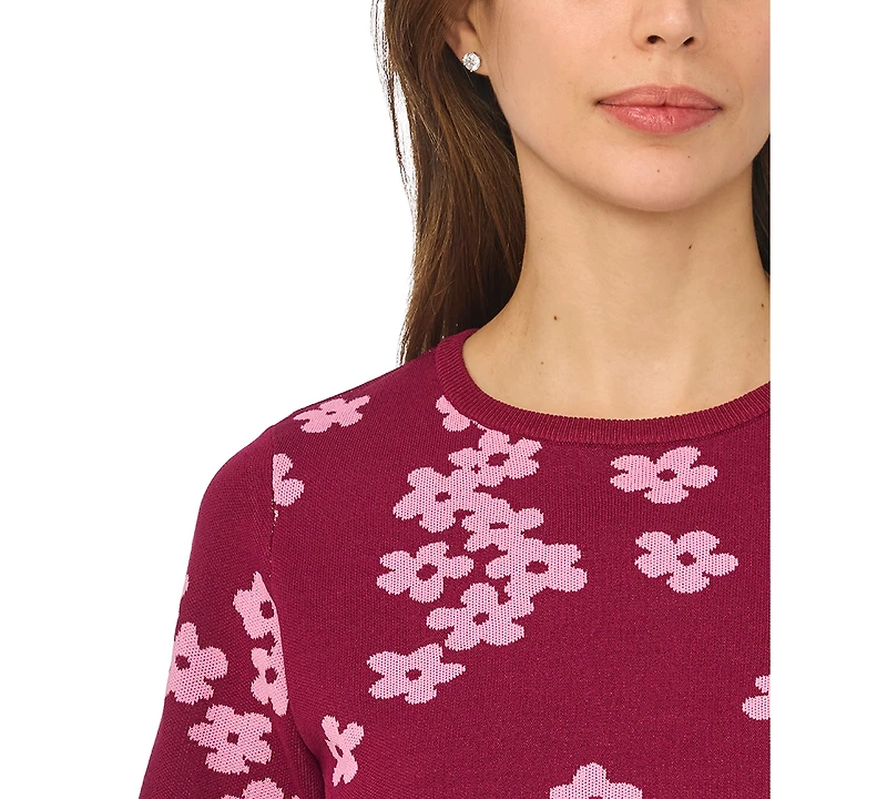 CeCe Women's Floral Jacquard Crewneck Short-Sleeve Sweater