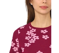 CeCe Women's Floral Jacquard Crewneck Short-Sleeve Sweater