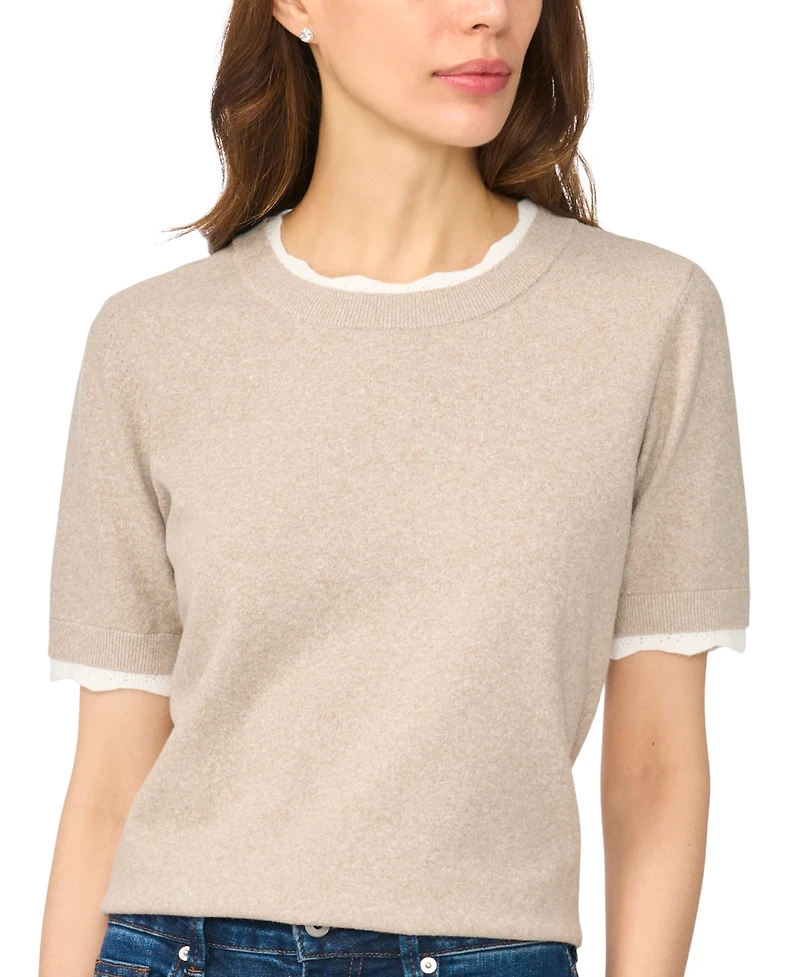 CeCe Women's Lace-Trim Crewneck Short-Sleeve Sweater