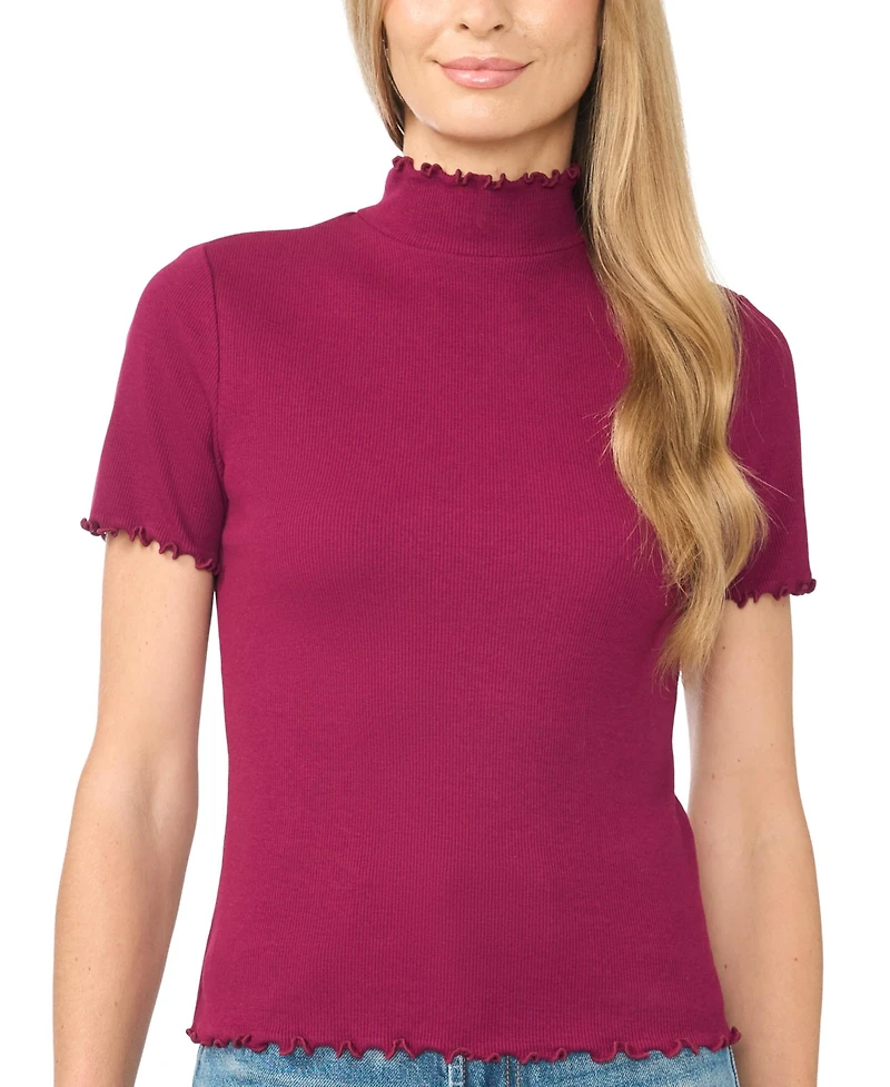 CeCe Women's Lettuce-Trim Mock Neck Short-Sleeve Top