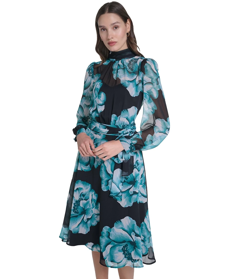 Calvin Klein Women's Long-Sleeve Floral Chiffon Mock Neck Midi Dress