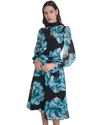 Calvin Klein Women's Long-Sleeve Floral Chiffon Mock Neck Midi Dress