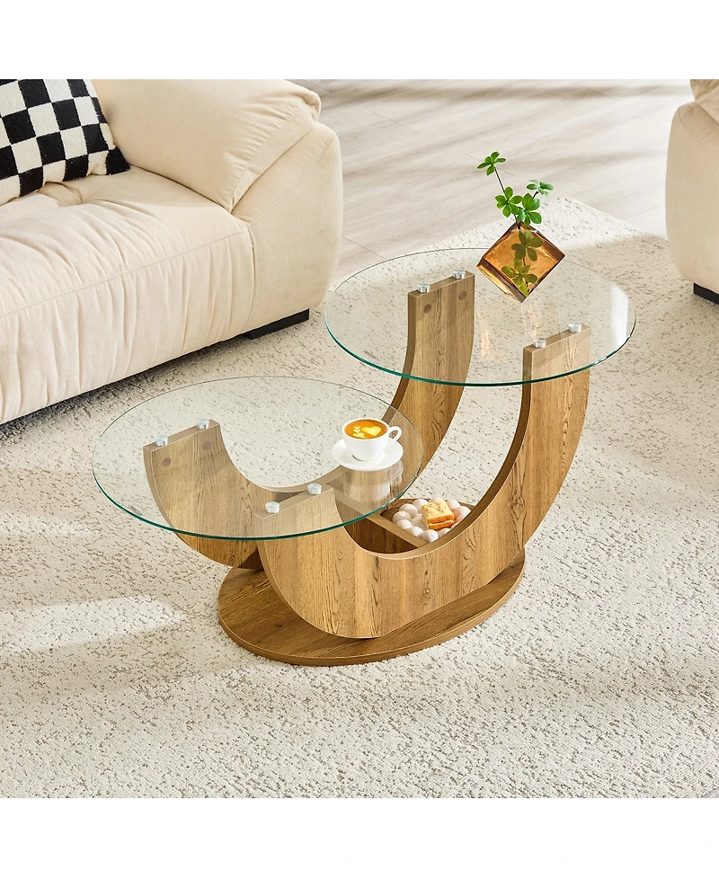 Streamdale Furniture Creative U-Shaped Double-Tier Glass Coffee Table with Wood-Grain Base