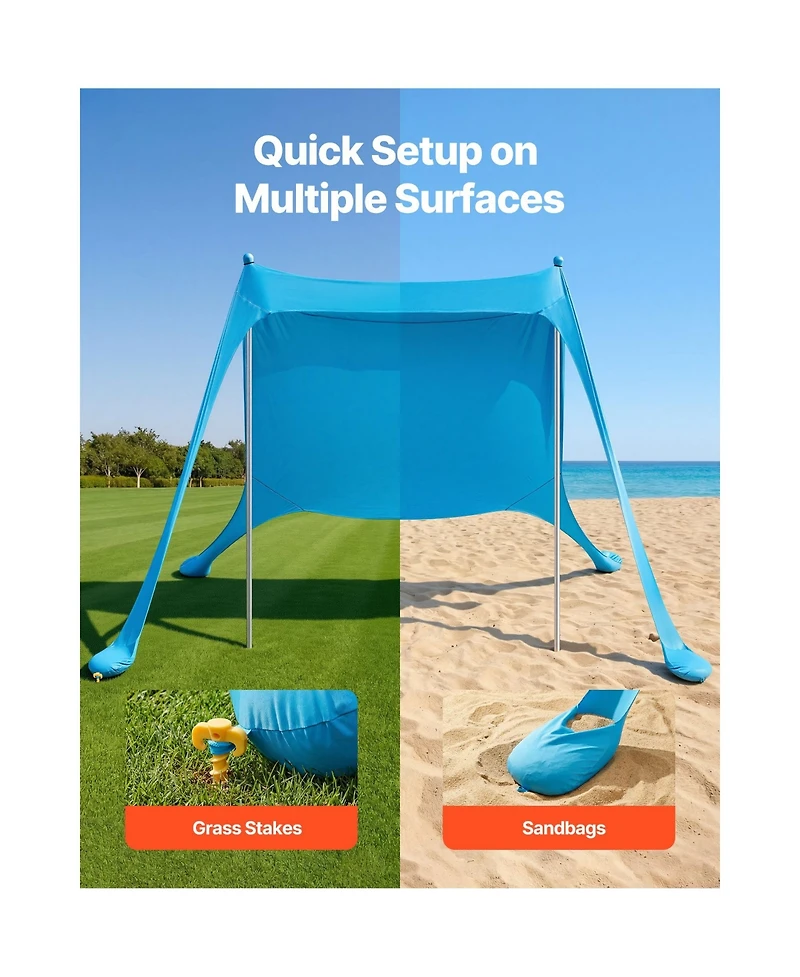 Mountaintop Beach Tent Sun Shelter, UPF50+ Pop-Up Canopy, 6.6ft Tall, Sandbags, Support Poles and Sand Shovels for Small Family Shade