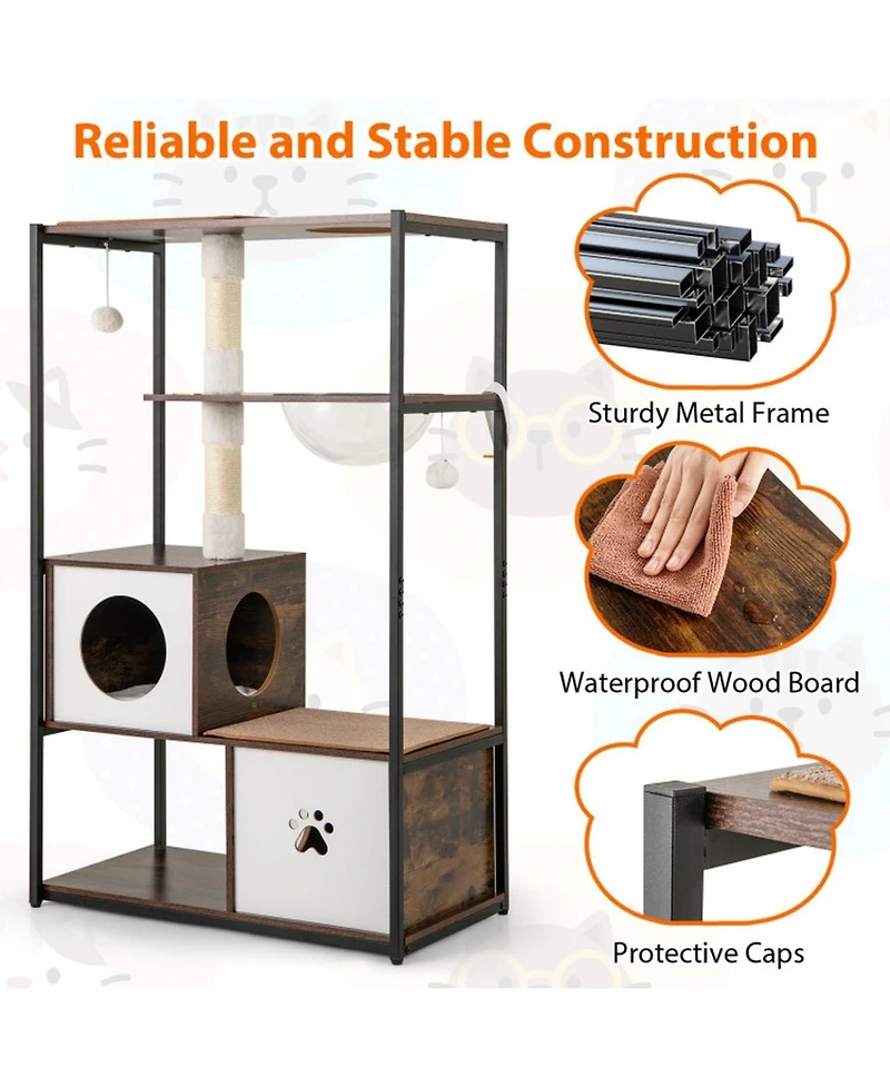 Hongge Metal-Frame Cat Tree with Two Enclosed Condos