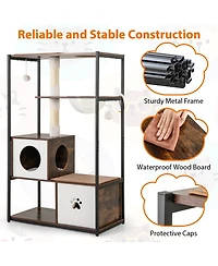 Hongge Metal-Frame Cat Tree with Two Enclosed Condos