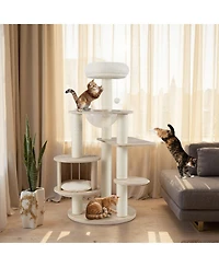 Hongge Wooden 52 Inch Cat Tree Tower with Enclosed Space Capsule