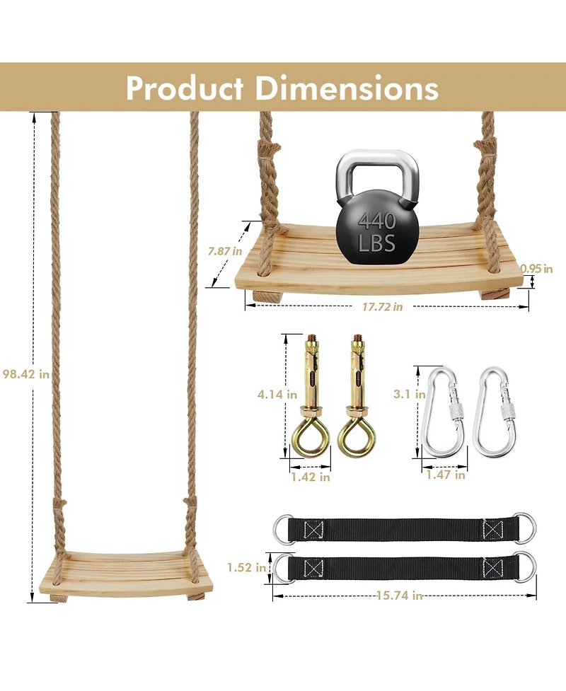 Piscifun Upgraded Wooden Swing Seat Adjustable Rope Straps Indoor Outdoor 500lbs Load