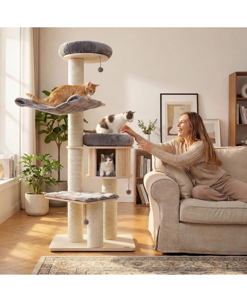 Hongge 68.5-Inch 4-Layer Wooden Cat Tree Tower with Sisal Posts