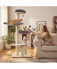 Hongge 68.5-Inch 4-Layer Wooden Cat Tree Tower with Sisal Posts