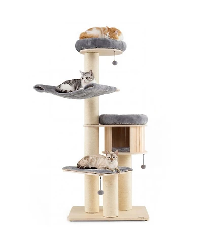 Hongge 68.5-Inch 4-Layer Wooden Cat Tree Tower with Sisal Posts