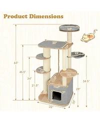 Hongge Modern Wooden Cat Tower with Hanging Hammock, 63 Inch