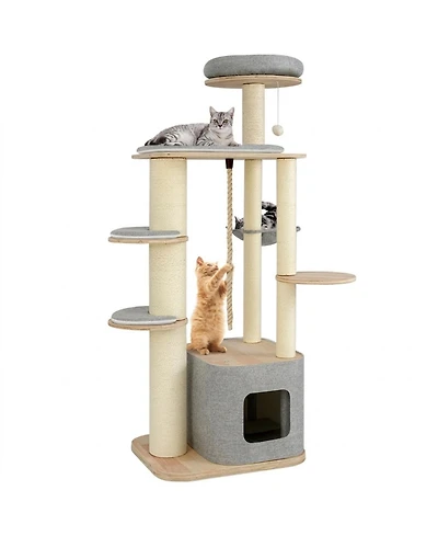 Hongge Modern Wooden Cat Tower with Hanging Hammock, 63 Inch