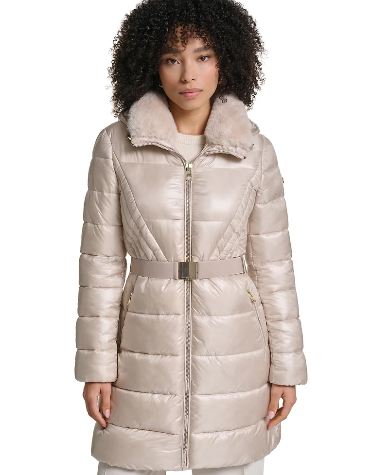 Karl Lagerfeld Paris Women's Belted Faux Fur Collar Hooded Puffer Coat