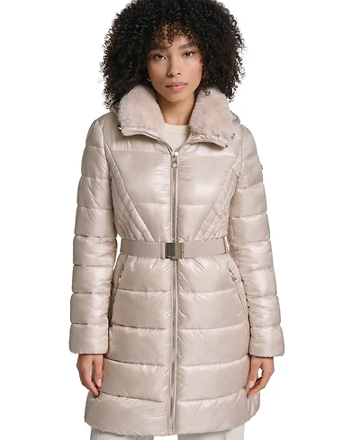 Karl Lagerfeld Paris Women's Belted Faux Fur Collar Hooded Puffer Coat