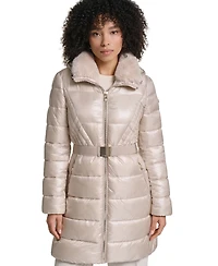 Karl Lagerfeld Paris Women's Belted Faux Fur Collar Hooded Puffer Coat