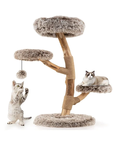 Hongge Pear Wood Cat Tree with Jute Scratching Posts, 35.5 Inch