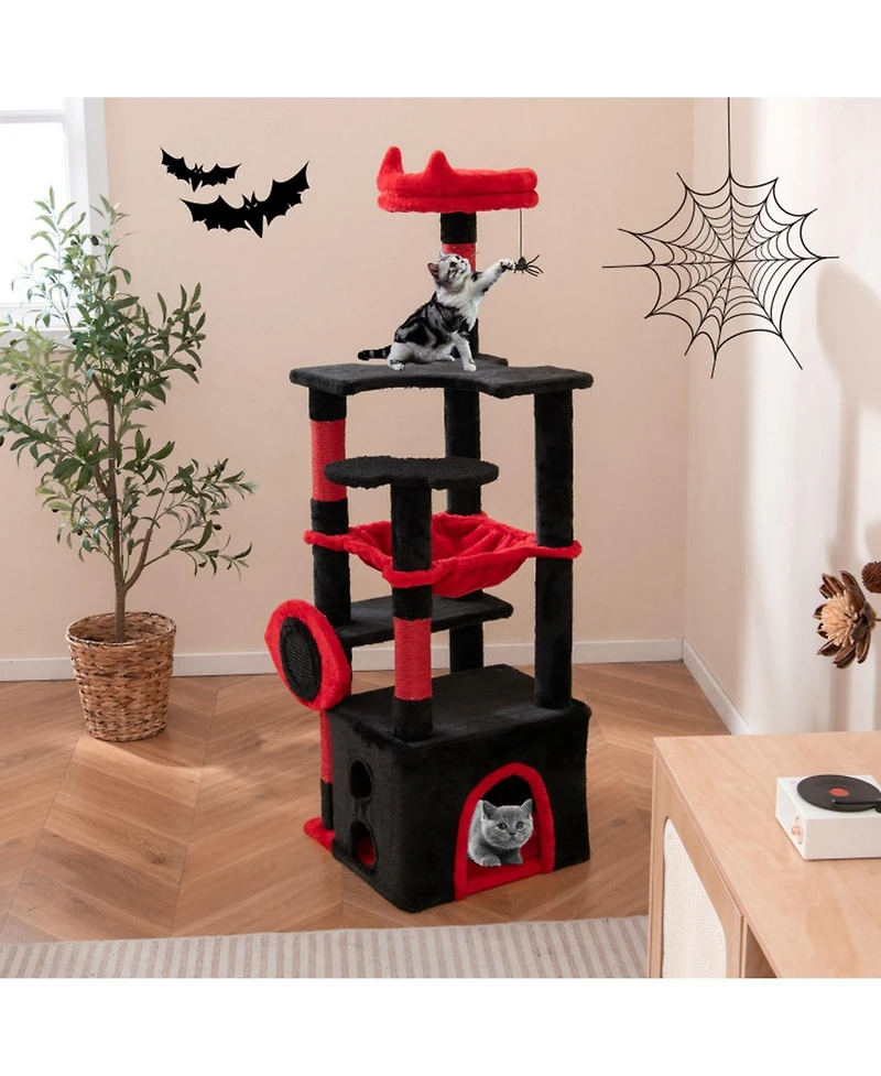 Hongge Gothic Cat Tree Tower with Dangling Spider Toy, 52 Inch