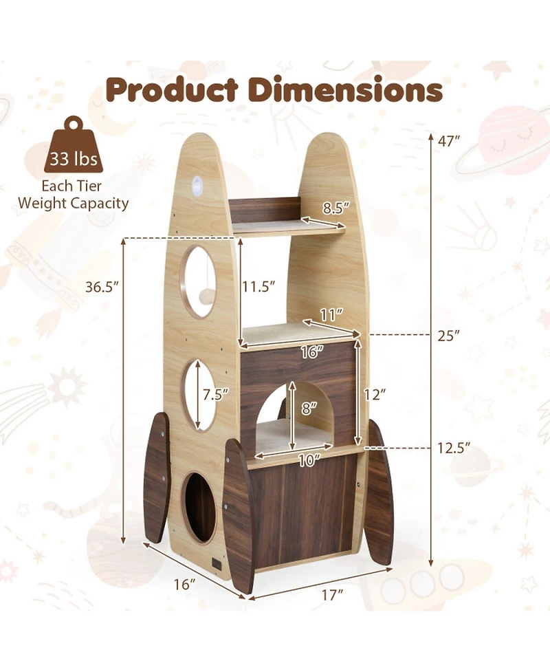 Hongge Rocket-Shaped 47 Inch Wooden Cat Tower with 2-Tier Condo