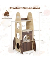 Hongge Rocket-Shaped 47 Inch Wooden Cat Tower with 2-Tier Condo