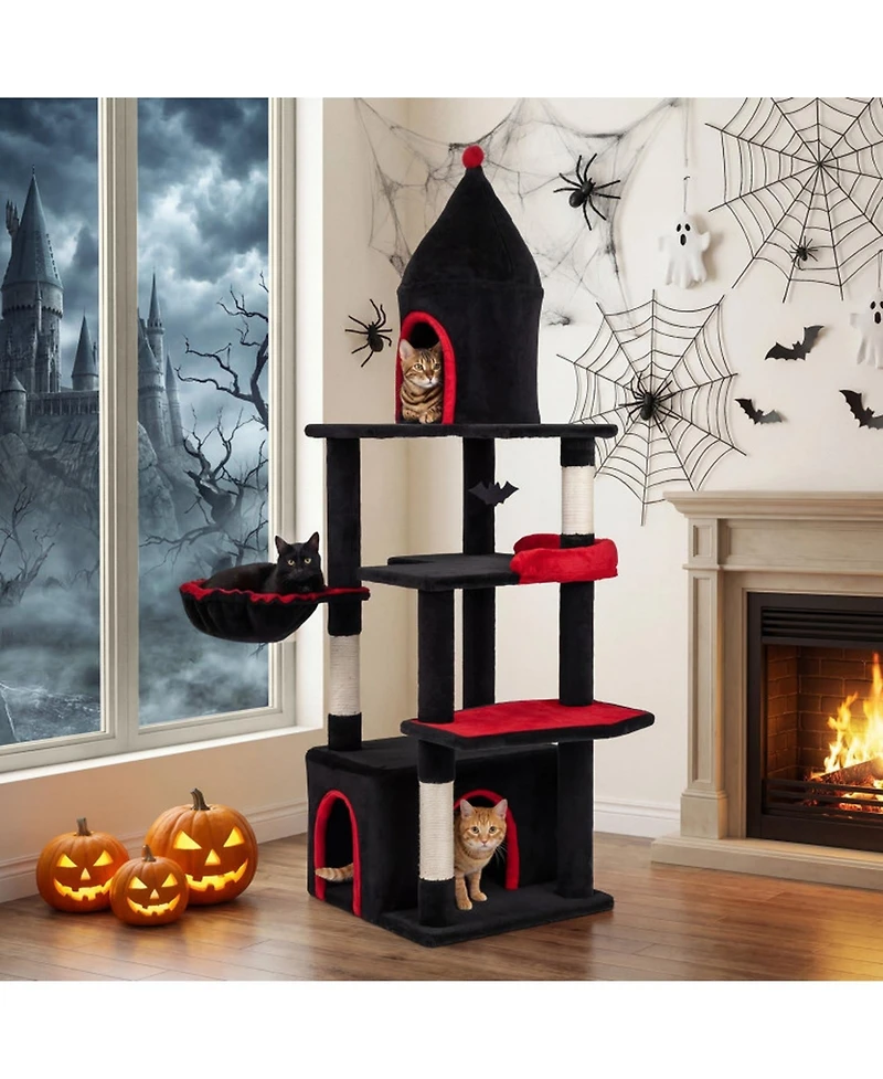 Hongge Gothic 63 Inch Cat Tree with Elevated Top Cave for Large Cats