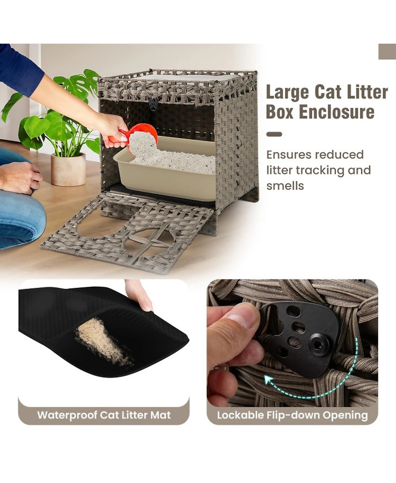 Hongge Foldable 2-Tier Rattan Cat Litter Box Enclosure with Litter Mat and Cushioned Top