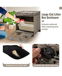 Hongge Foldable 2-Tier Rattan Cat Litter Box Enclosure with Litter Mat and Cushioned Top