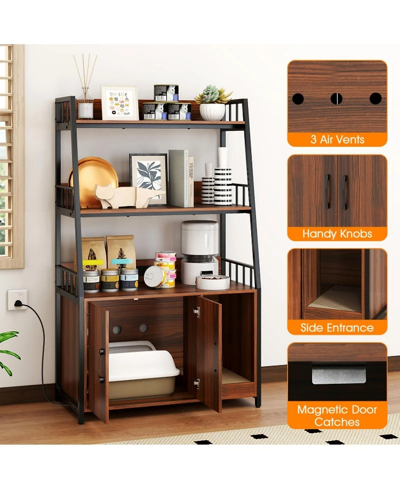 Hongge Cat Litter Box Enclosure with Storage Shelves Power Station and Scratching Pad