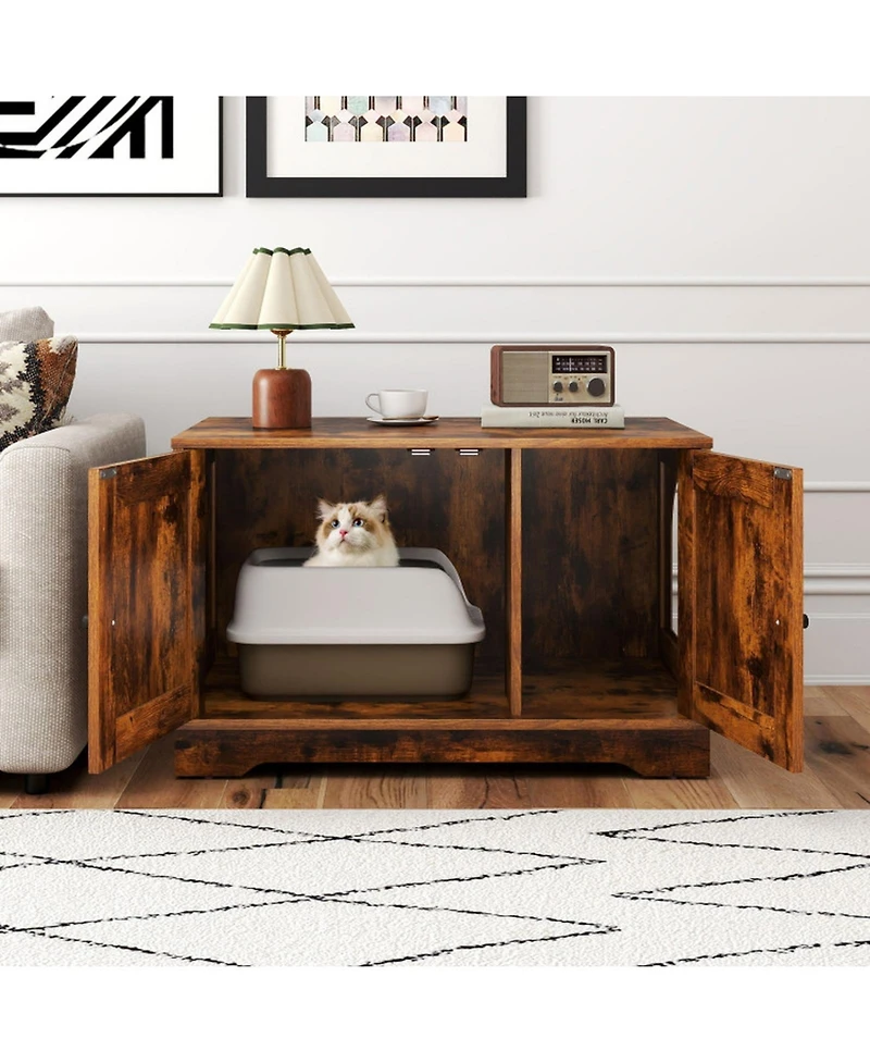 Hongge Wooden Cat Litter Box Enclosure with Dual Doors End Side Table and Nightstand