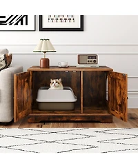 Hongge Wooden Cat Litter Box Enclosure with Dual Doors End Side Table and Nightstand
