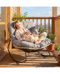 Gymax Outdoor Papasan Rocking Chair Oversized Egg-shaped Rocker with Thick Cushioned Seat