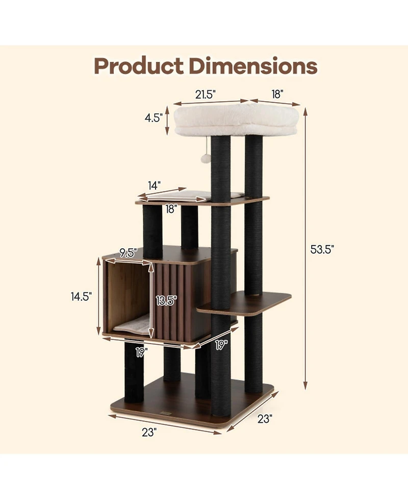 Hongge 53.5 Inch Wooden Cat Tower with Extra-Wide Padded Top Perch