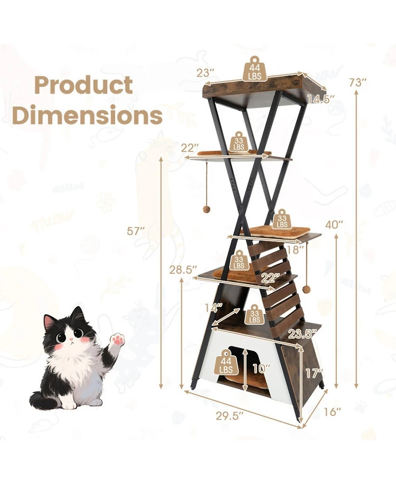 Hongge 73 Inch Tall Multi-Level Cat Tree with Extra Large Condo