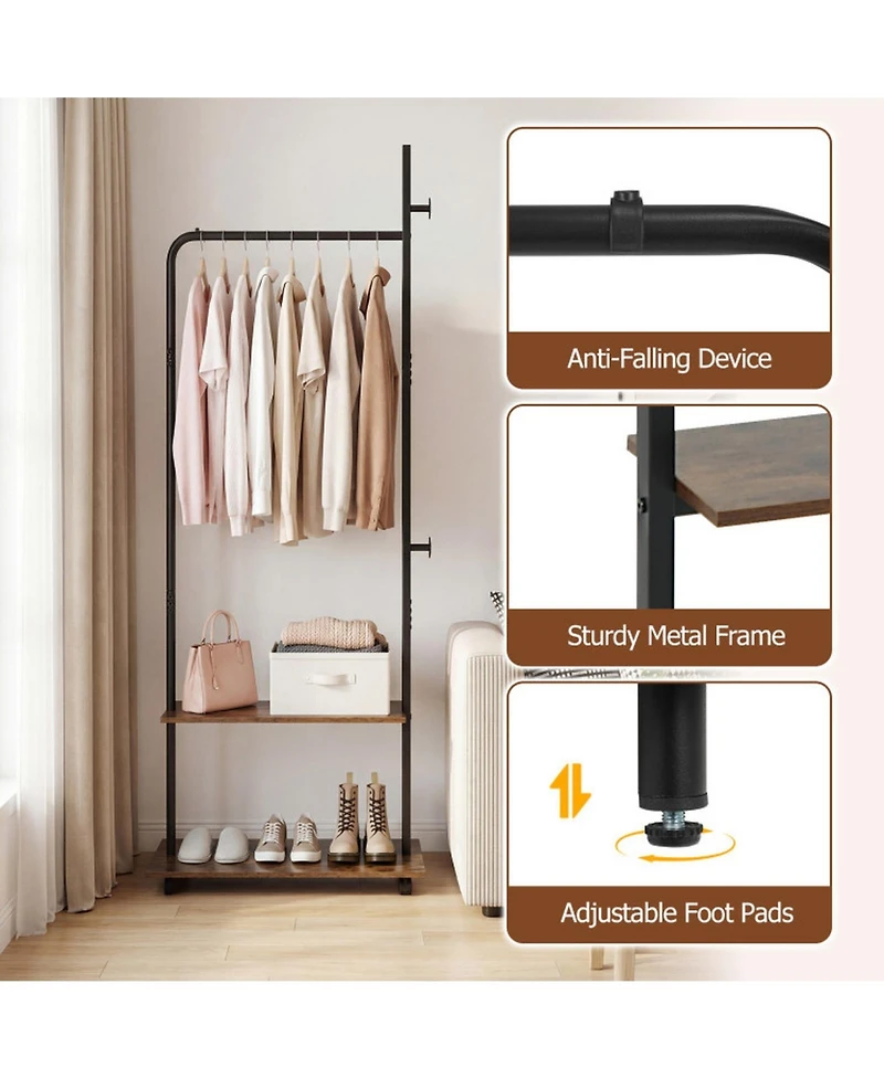 Hongge Freestanding Industrial Clothing Rack with 2 Wooden Shelves and Rolling Wheels