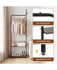 Hongge Freestanding Industrial Clothing Rack with 2 Wooden Shelves and Rolling Wheels