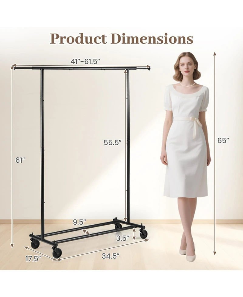 Hongge Mobile Garment Rack with Extendable Side Rods and 4 Swivel Casters