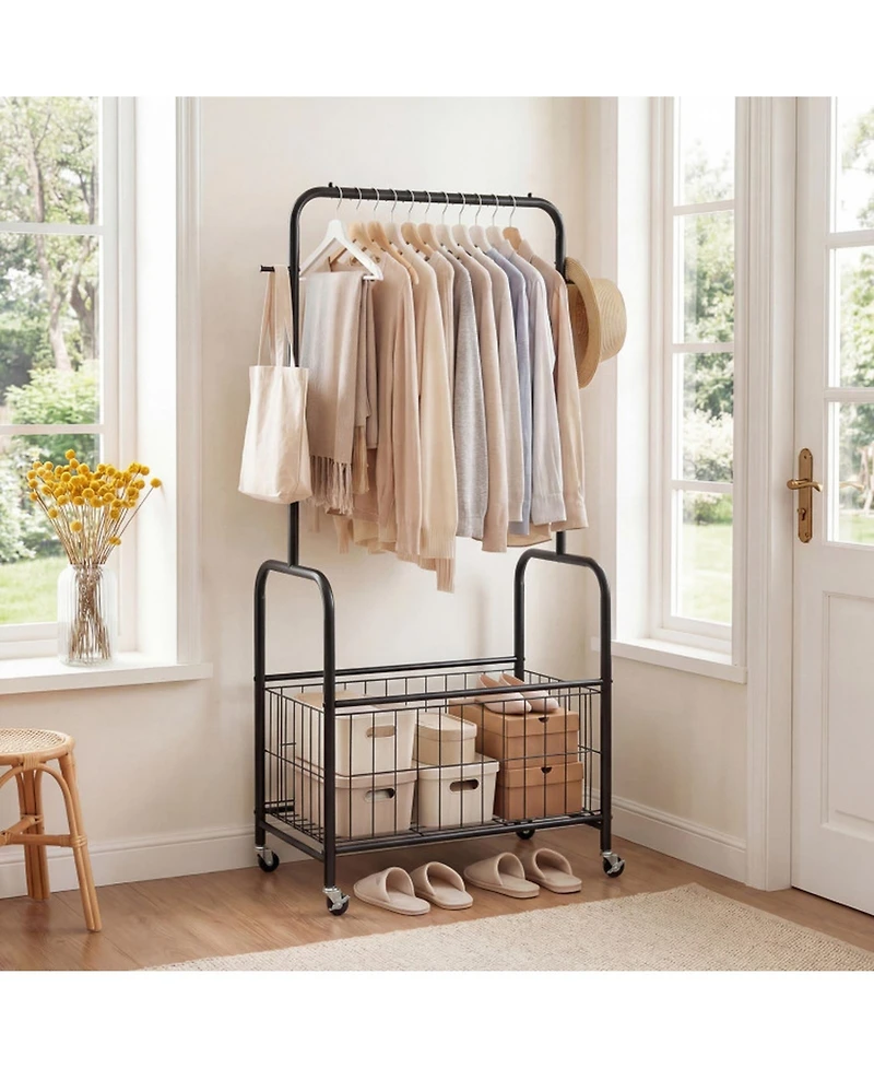 Hongge Rolling Metal Clothes Rack with Hanging Rod and Large Storage Basket