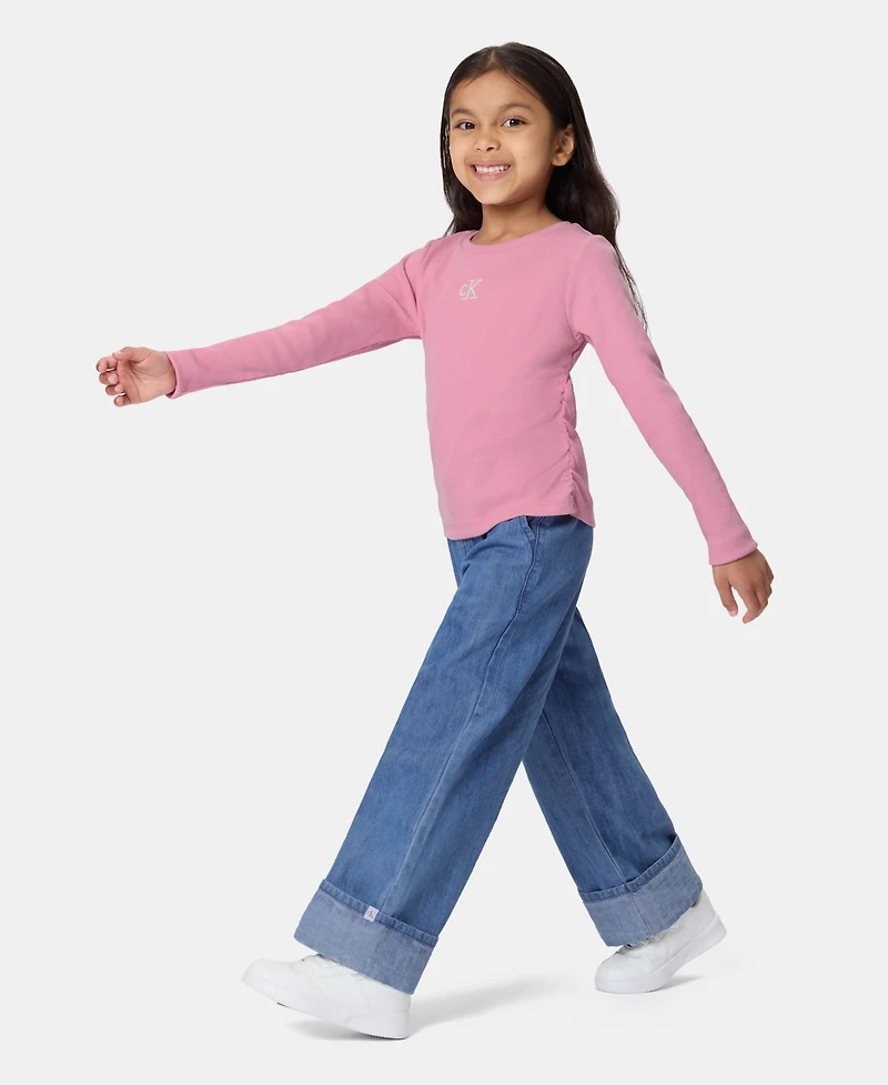 Calvin Klein Toddler Girls' 2T-6X Monogram Ribbed Long-Sleeve Top and Wide-Leg Denim Pants, 2-Piece Set
