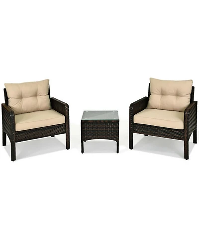 Clihome 3 Pieces Pe Rattan Patio Conversation Set with Removable Seat Cushions and Tempered Glass Coffee Table