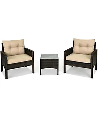 Clihome 3 Pieces Pe Rattan Patio Conversation Set with Removable Seat Cushions and Tempered Glass Coffee Table