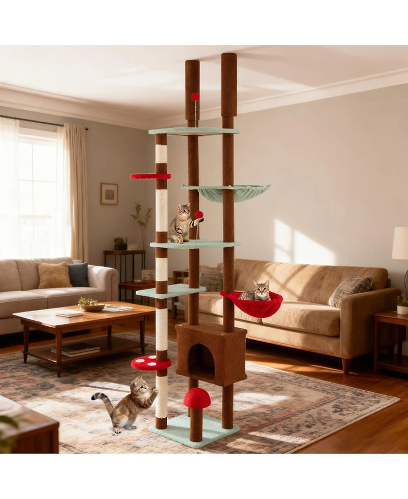 Hongge Mushroom Themed Floor to Ceiling Cat Tree with Height Adjustment