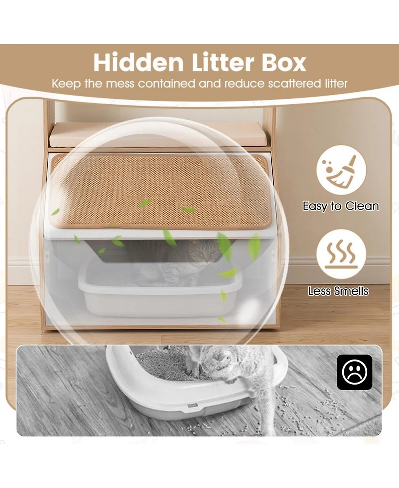 Hongge 3-in-1 Hidden Litter Box Enclosure Cabinet with 4 Cubbies