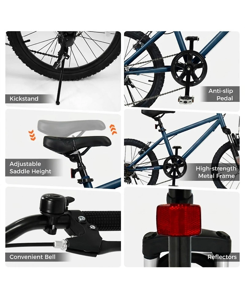 Hongge 20-Inch Kids Mountain Bike with Front Suspension Fork, 6-Speed and V-Brakes, Up to 110 lbs, Ages 8+