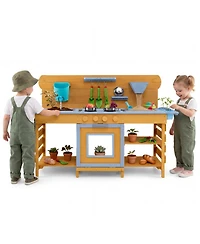 Hongge Wooden Mud Kitchen 2-Sink, 4-Stove 14-Piece Play Set, Ages 3+