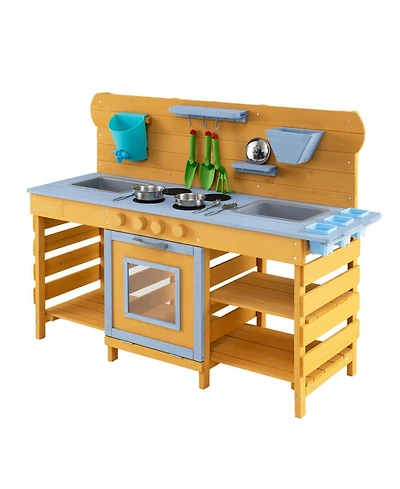 Hongge Wooden Mud Kitchen 2-Sink, 4-Stove 14-Piece Play Set, Ages 3+