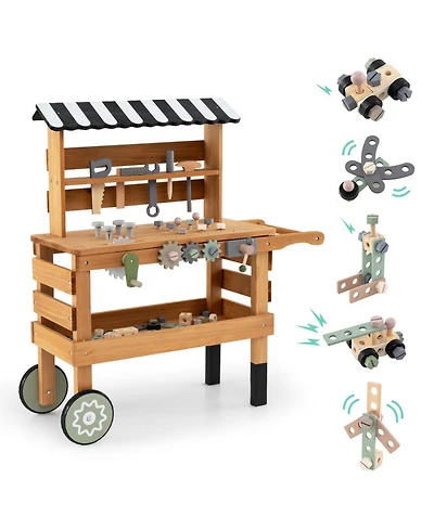 Hongge 2-in-1 Rolling Wooden 47-Piece Tool Bench Cart, Ages 3+