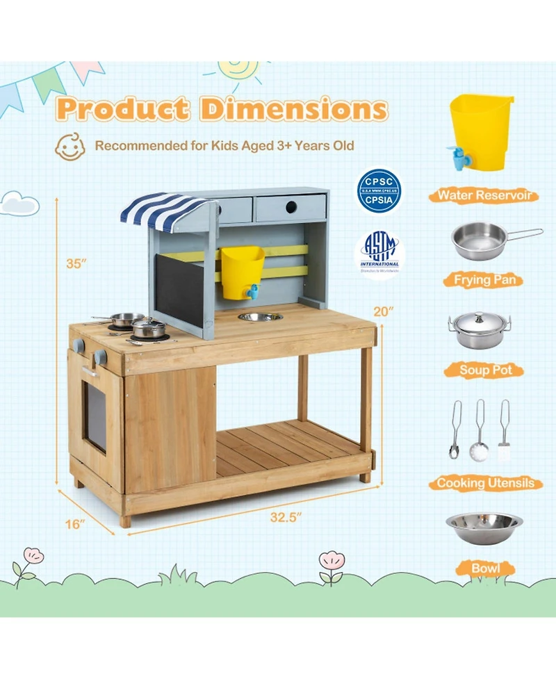 Hongge Canopy Mud Kitchen with Water Tank and Faucet, Ages 3+