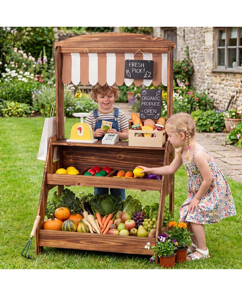 Hongge 2-in-1 Wooden Mud Kitchen and Market Stand, 25-Piece, Ages 3+
