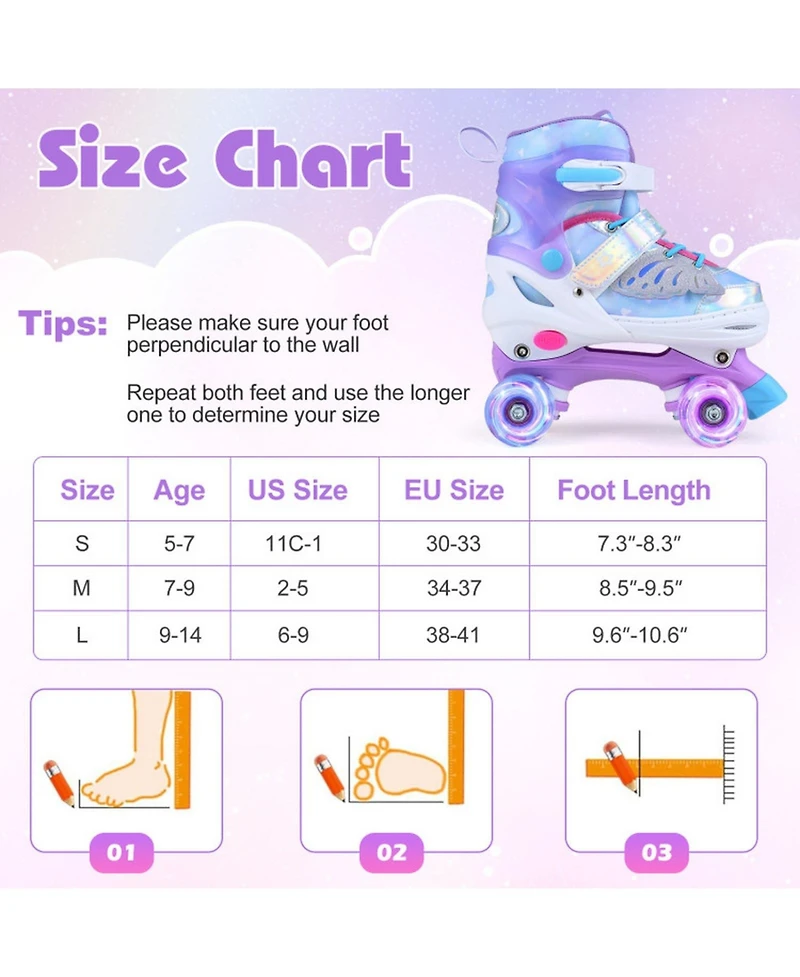 Hongge Kids Adjustable Quad Roller Skates with 4 Light-Up Wheels for Beginners Ages 7-9