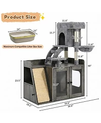 6thdruple Cat Litter Box Enclosure With Led Light, Storage Cabinet and Sisal Scratcher, Modular Cat Tree